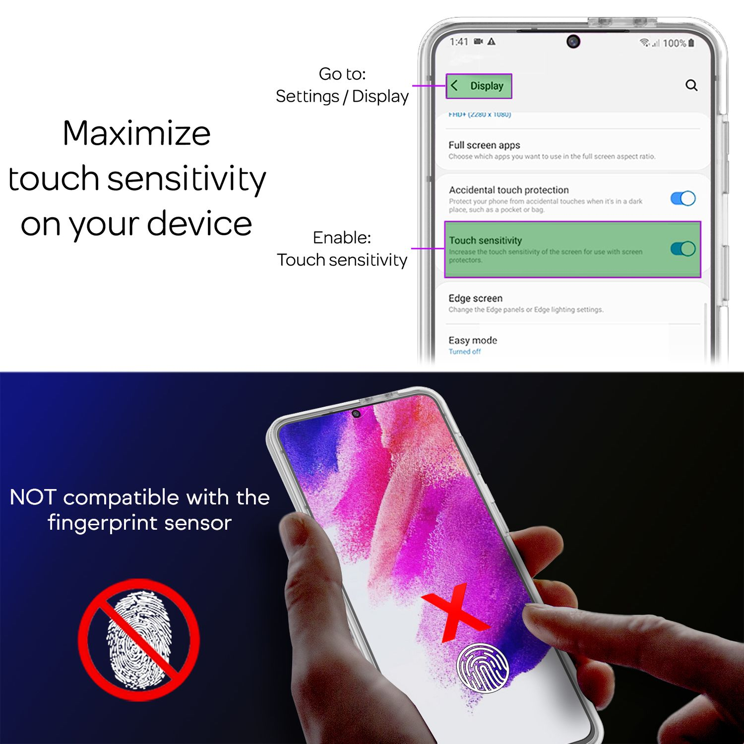 Telefon mit Einstellungen. Der Bildschirm zeigt Berührungsempfindlichkeit. Rotes Fingerabdrucksymbol.