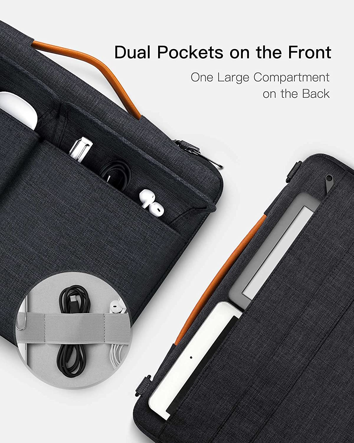 Zwei Taschen einer schwarzen Tasche mit Zubehör. Eine Tasche enthält ein Tablet.