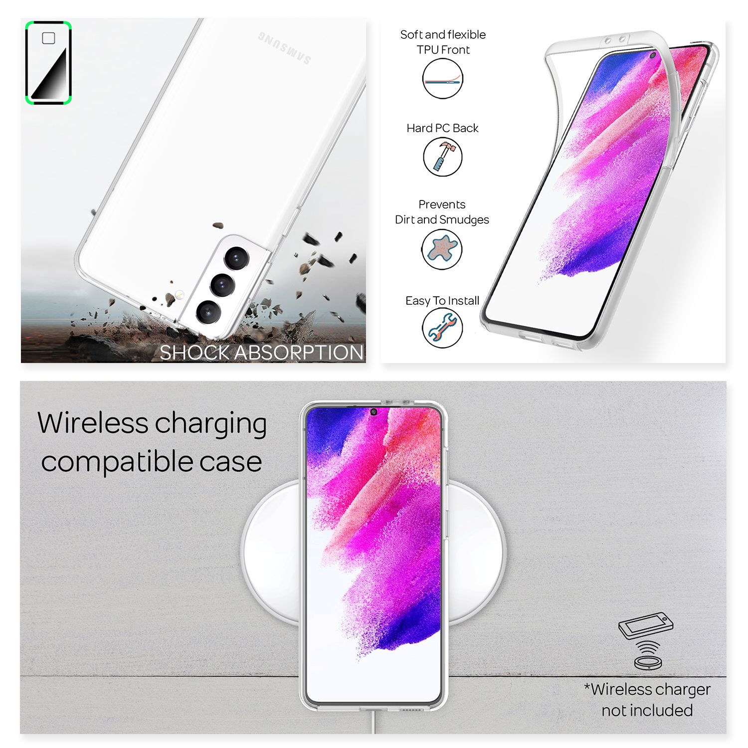 Handyhülle, die Stoßdämpfung und kabellose Ladekompatibilität zeigt. Die Hülle ist transparent.