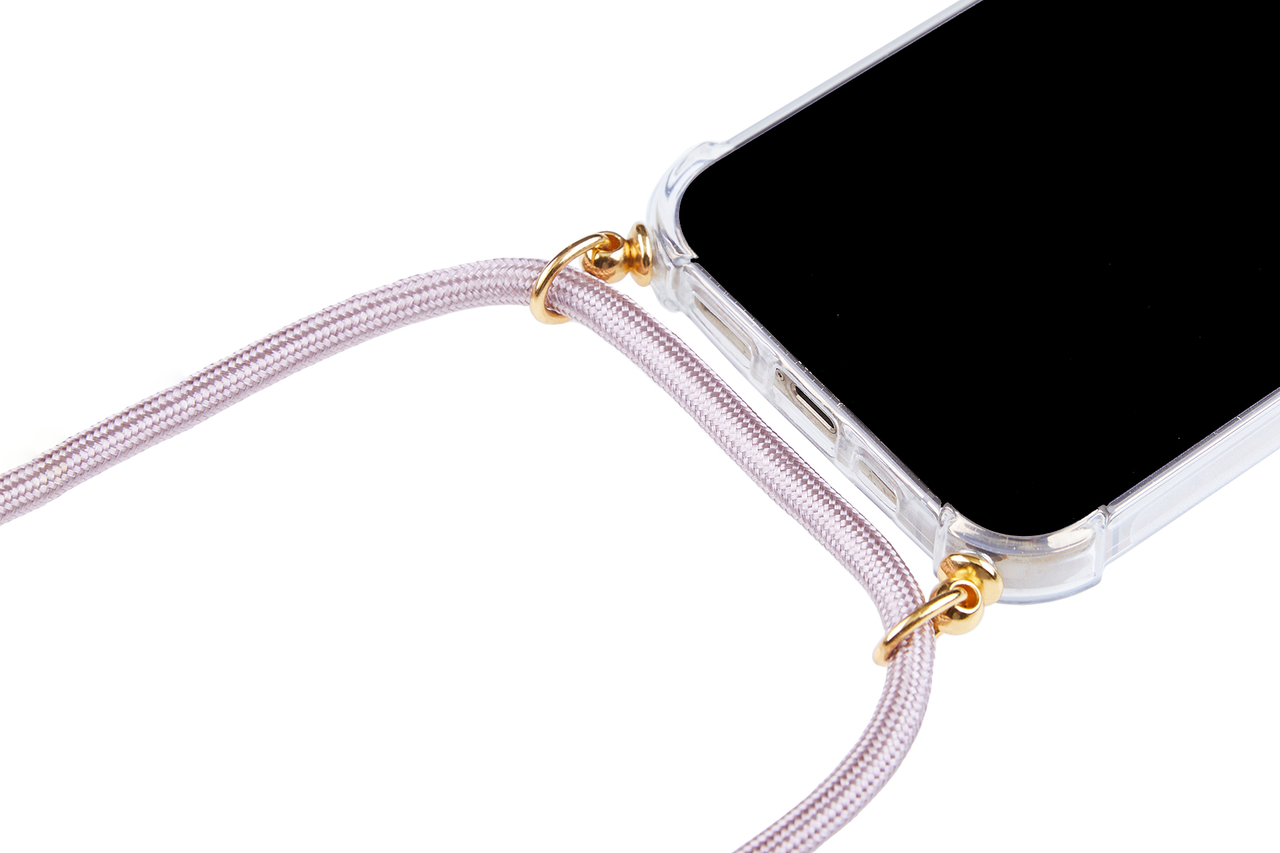 Telefon an pinkfarbenem Umhängeband. Das Band hat goldene Ringe.