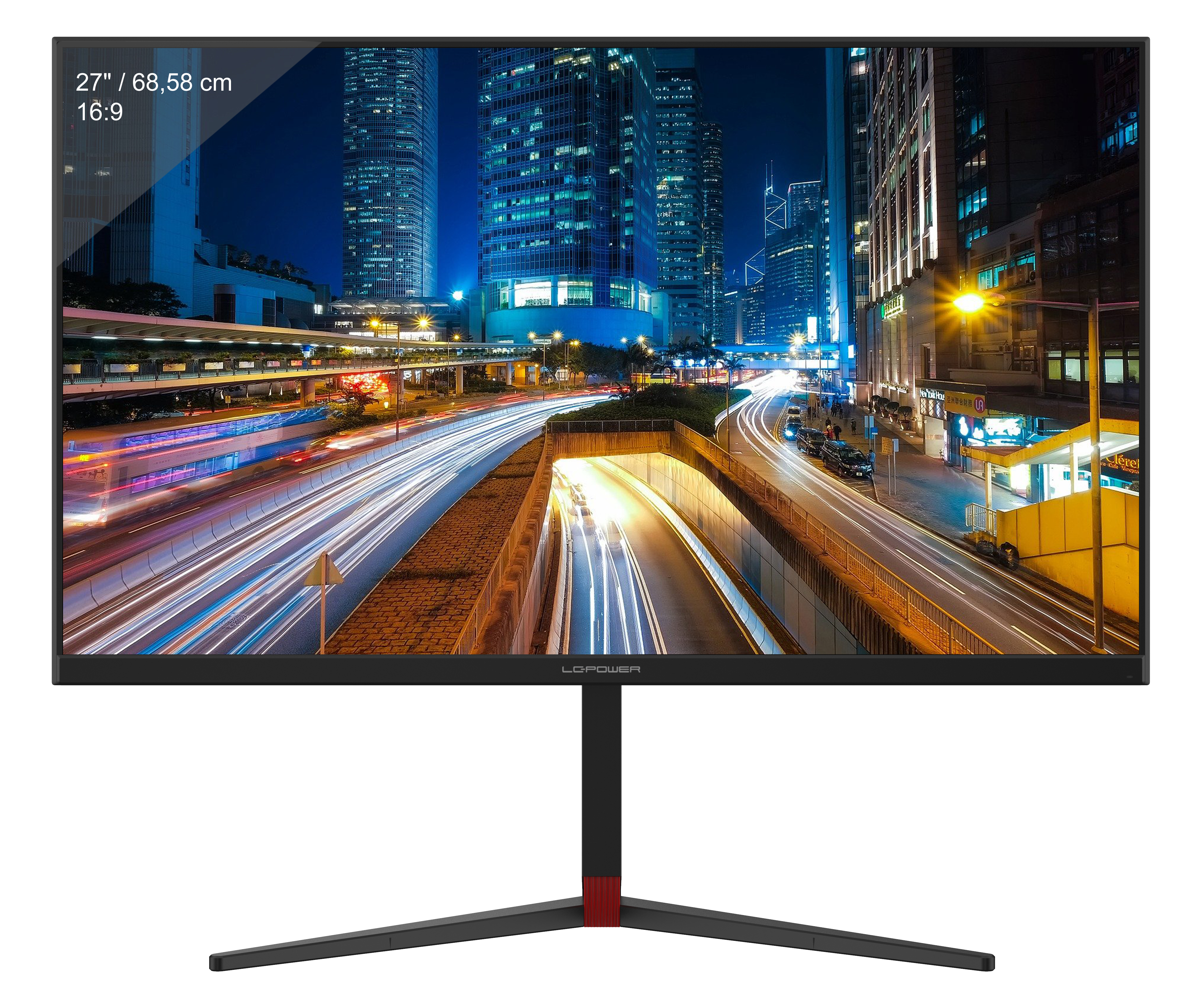 Großer Computermonitor, der eine Stadt bei Nacht zeigt. Schwarzer Rahmen und Ständer.