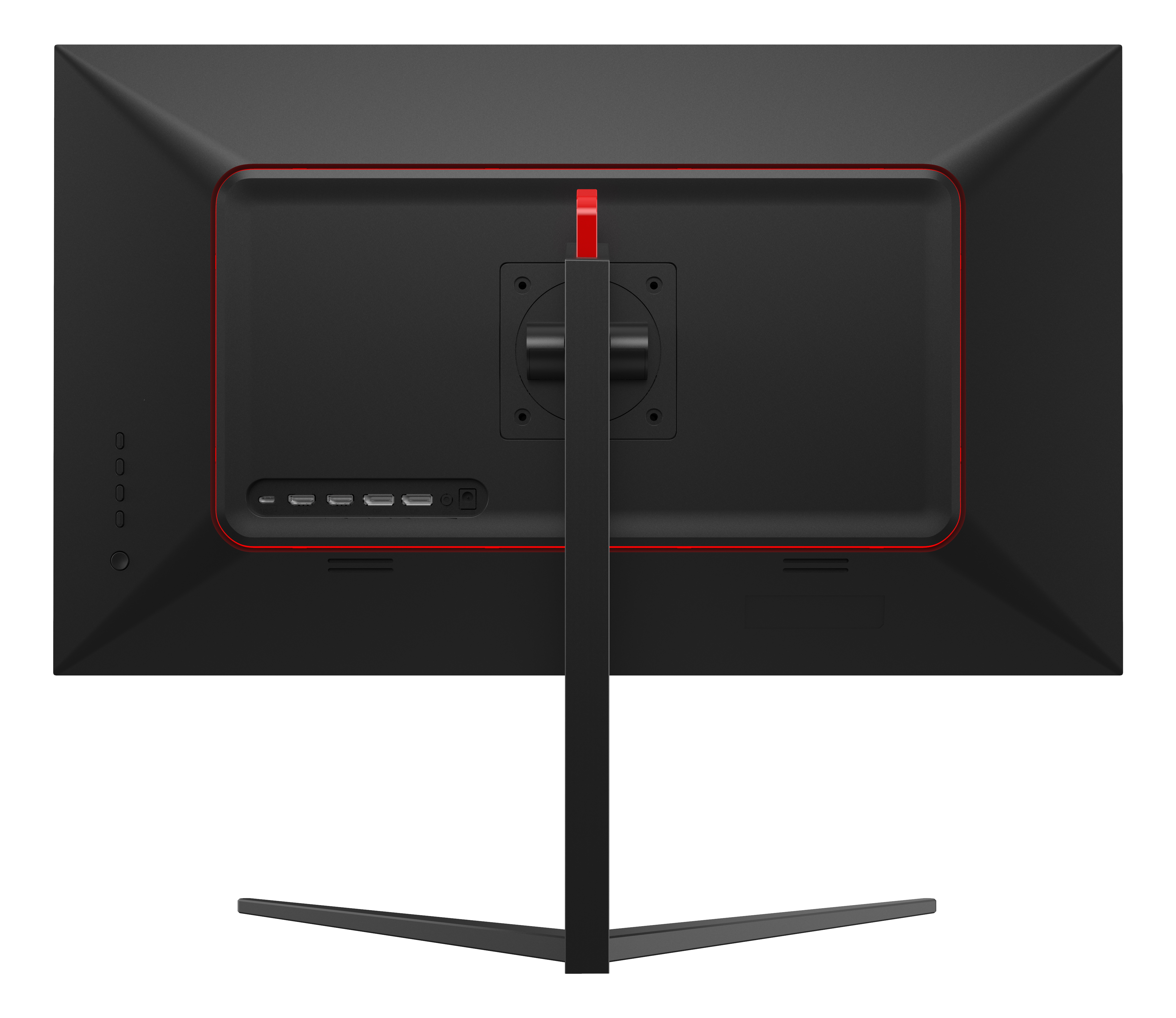 Rückseite eines schwarzen Monitors, rote Akzente, mehrere Anschlüsse und ein Ständer. Design für Ästhetik und Funktion.