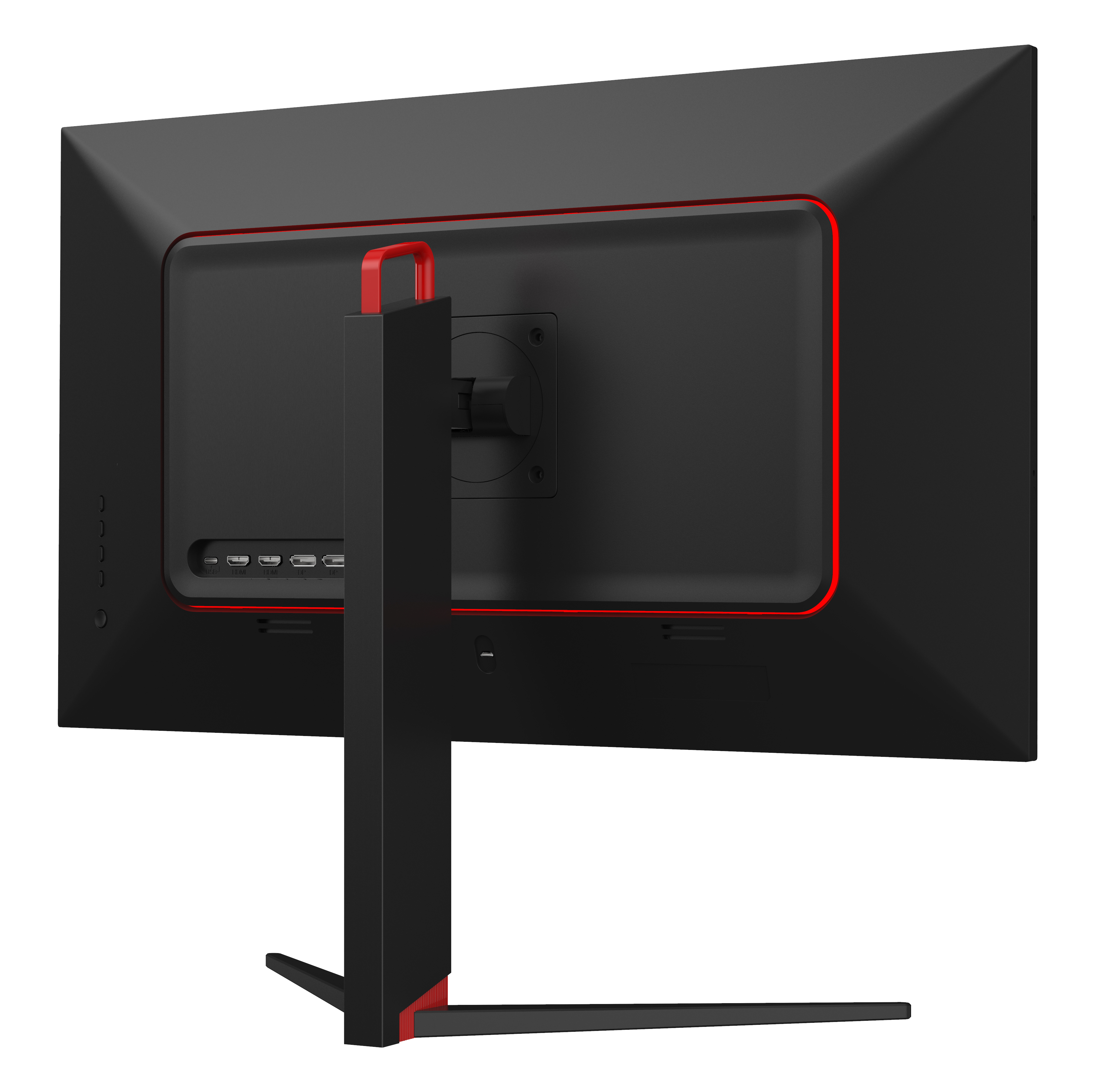 Rückseite eines schwarzen Monitors mit roten Akzenten. Anschlüsse sind unten sichtbar. Der Monitor steht.