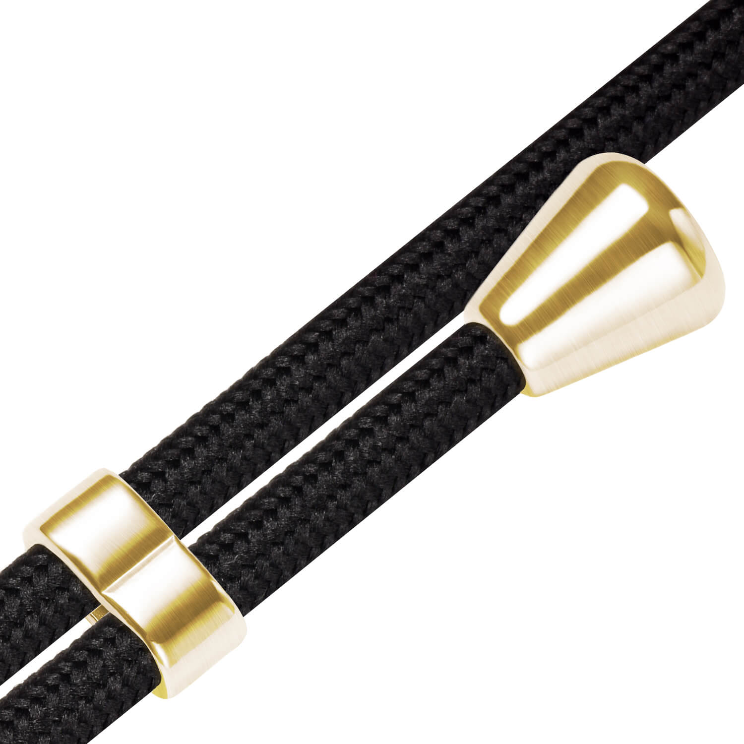 Nahaufnahme eines schwarzen Seils mit goldfarbenen Metalldetails. Das Seil hat ein goldfarbenes Metall.