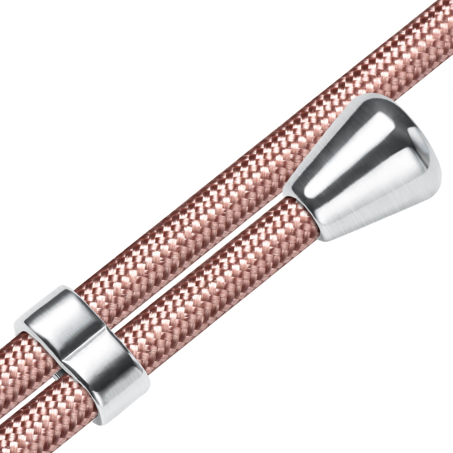 Zwei roségoldfarbene Kordeln mit silbernen und metallischen Details, weißer Hintergrund.