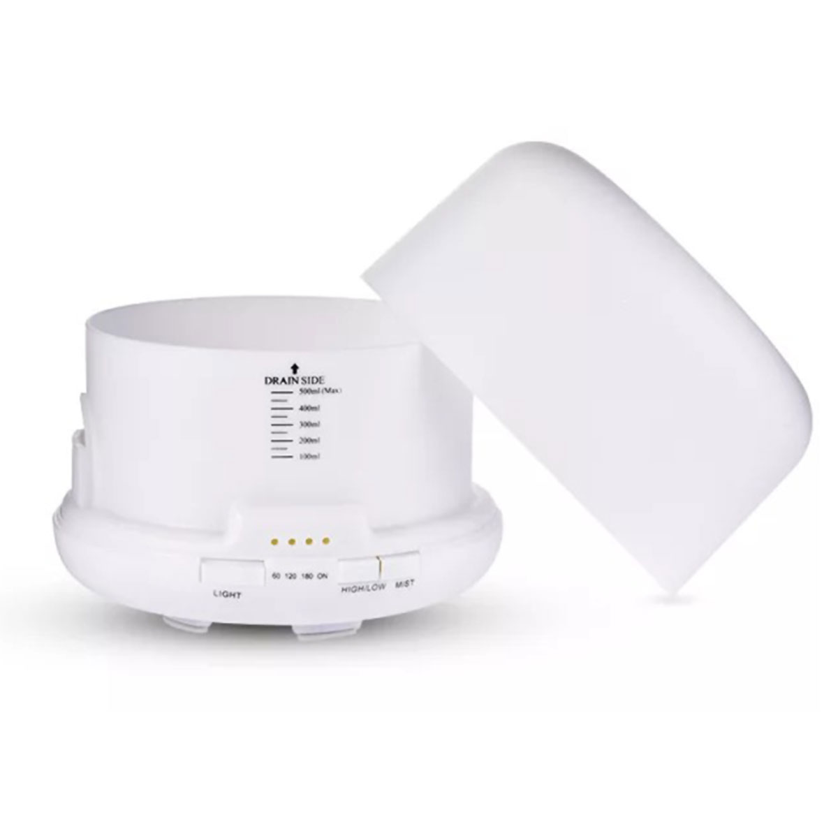 Humidificador de aire blanco con tapa separada, con marcas y mediciones negras.