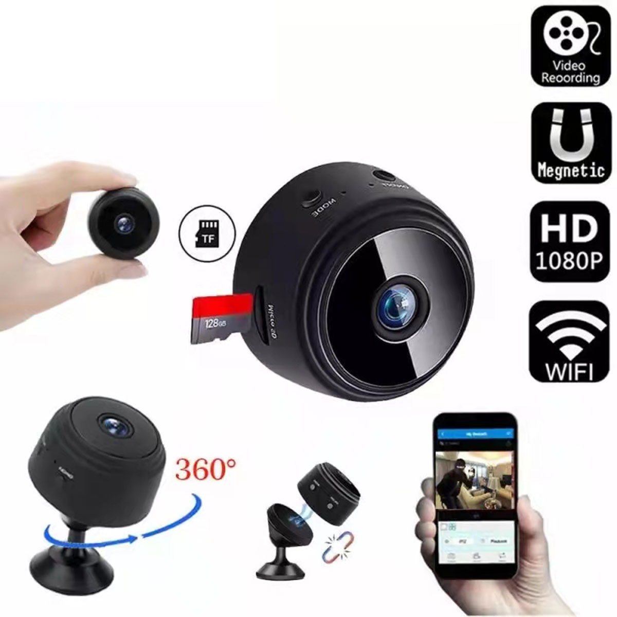 Mini cámara espía negra con tarjeta de memoria, con iconos: video, magnético, HD y WiFi. Se muestran varias vistas.
