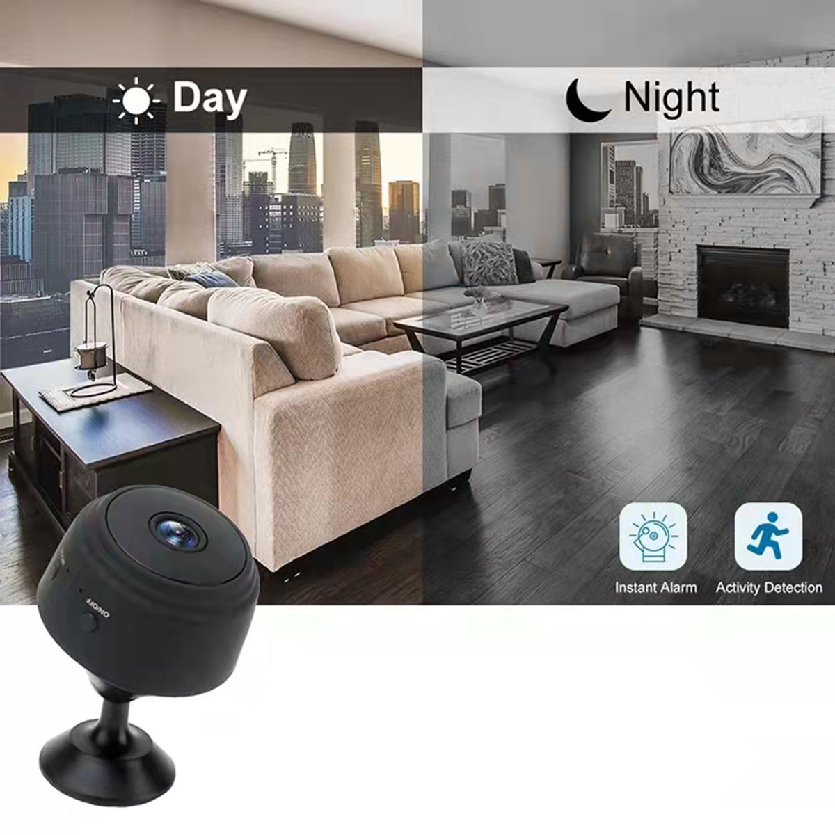 Una cámara de seguridad, se muestran escenas de día y de noche. Ambiente interior con un sofá.