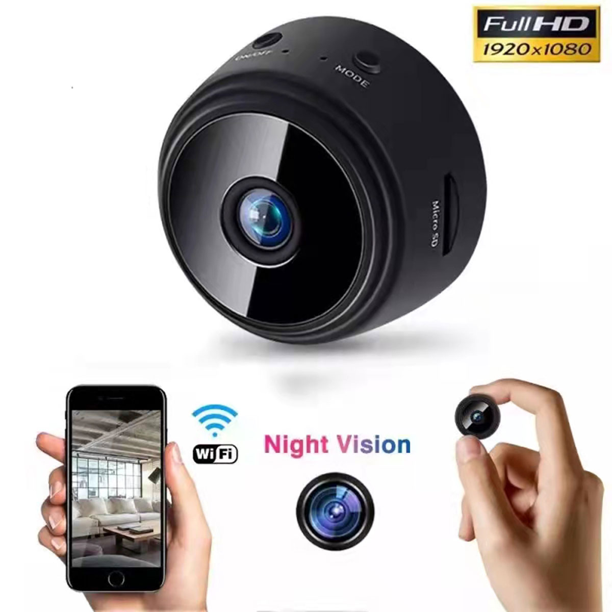 Mini cámara negra con persona sosteniendo teléfono con iconos WiFi y visión nocturna.