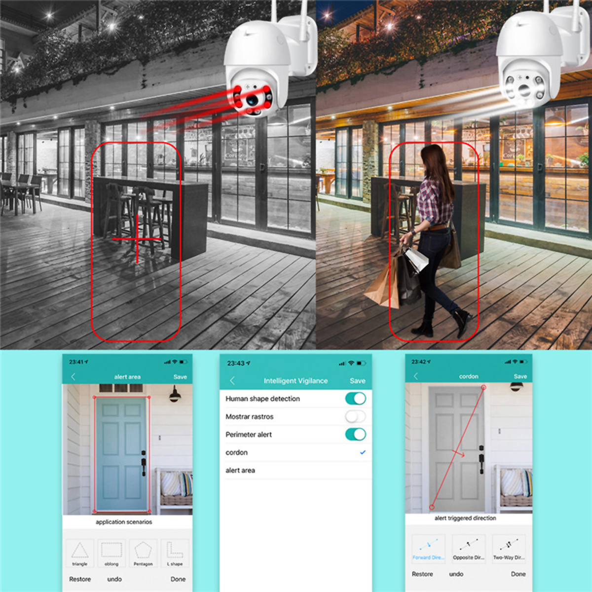 Dos imágenes de un sistema de cámara de seguridad, con capturas de pantalla de la app mostrando configuraciones.