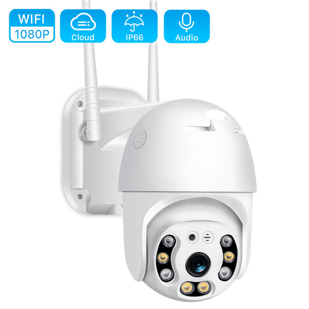 Cámara de seguridad blanca con dos antenas. Tiene iconos para WiFi, Nube, IP66 y audio.
