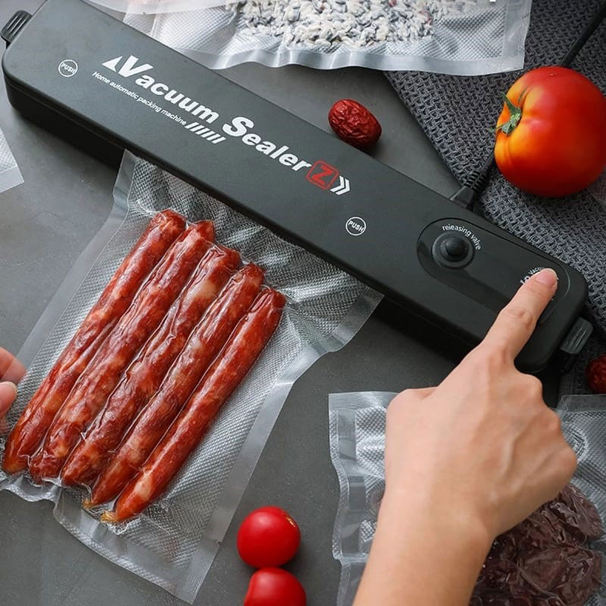 Selladora al vacío sellando salchichas en bolsas transparentes. Tomates y dátiles en la mesa.