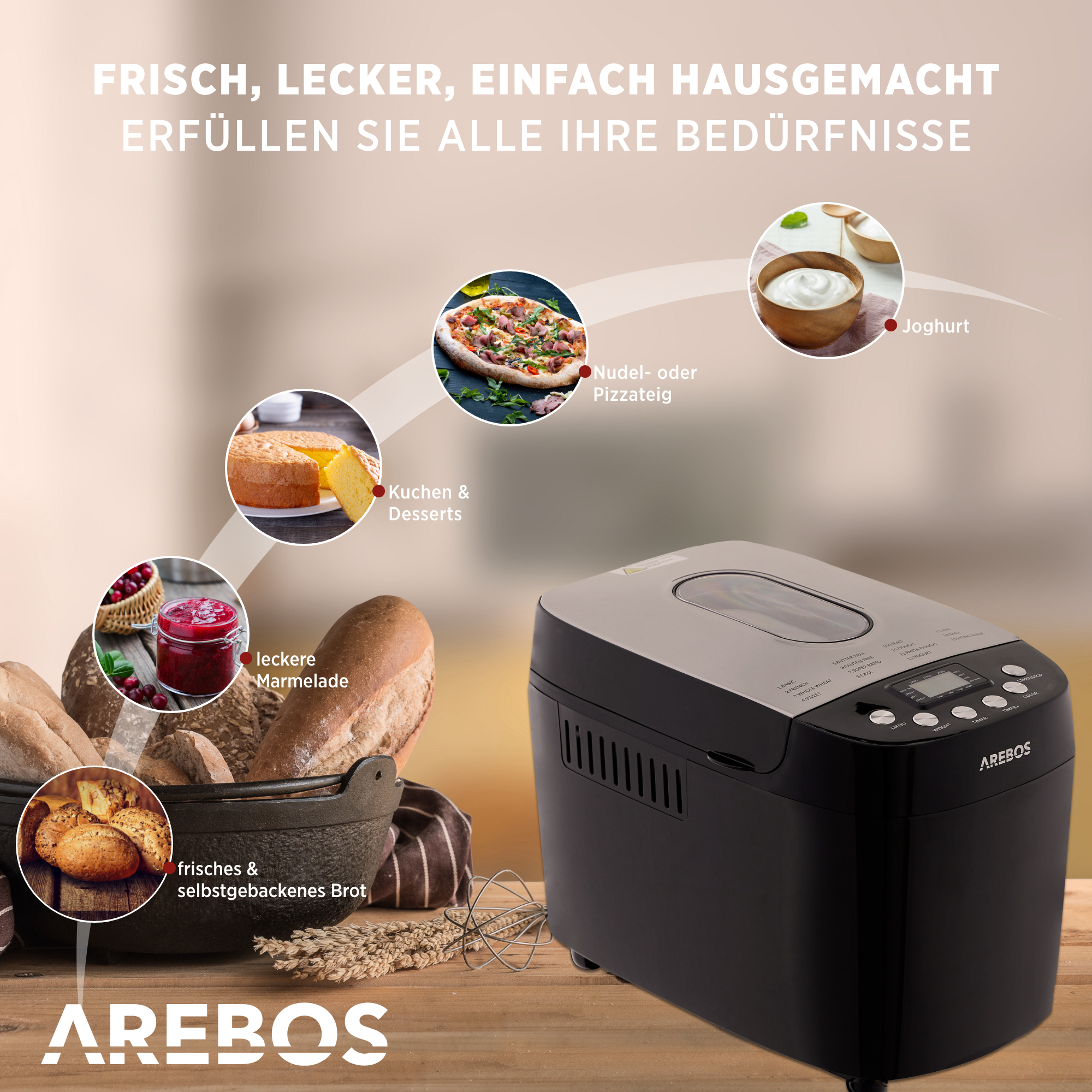 Ein Brotbackautomat mit Bildern von Brot, Marmelade, Pizza und Joghurt. Hintergrund weiß.
