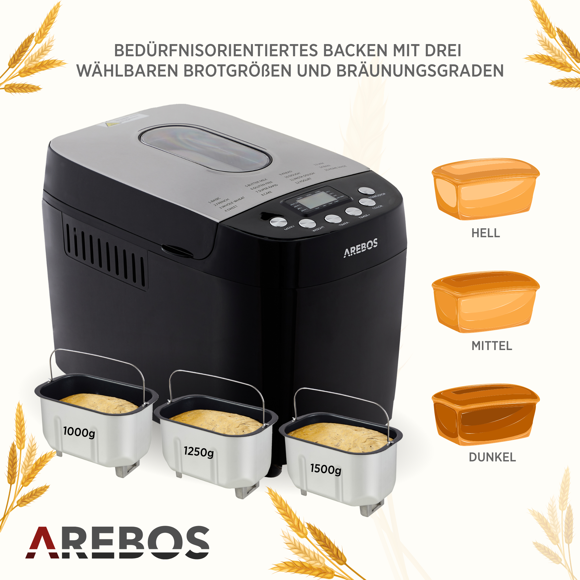 Schwarz-silberner Brotbackautomat. Drei Pfannen mit Brot und Brotproben sind sichtbar.