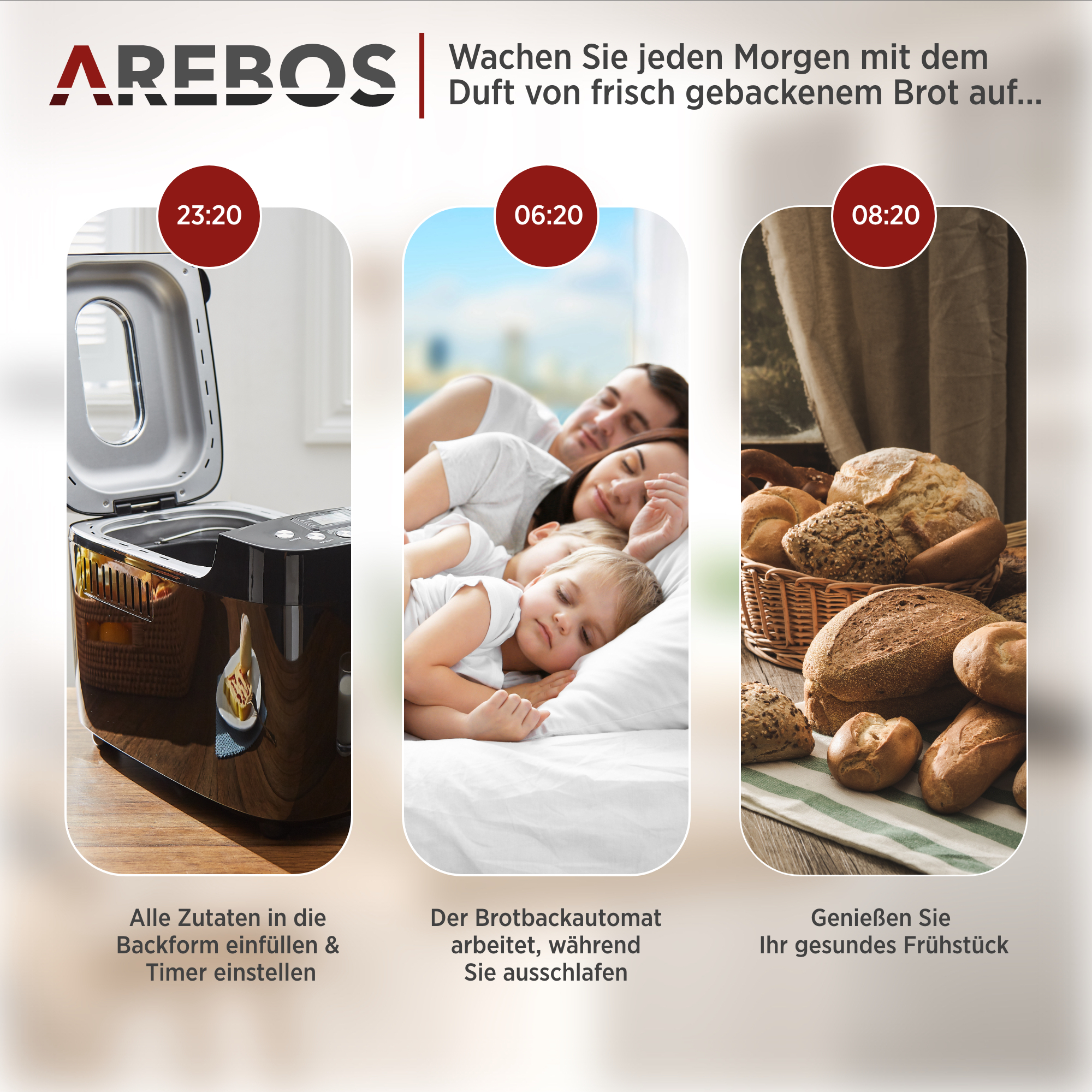 Ein Brotbackautomat mit Text und drei Bildern, die Schritte zur Herstellung von Brot zeigen.