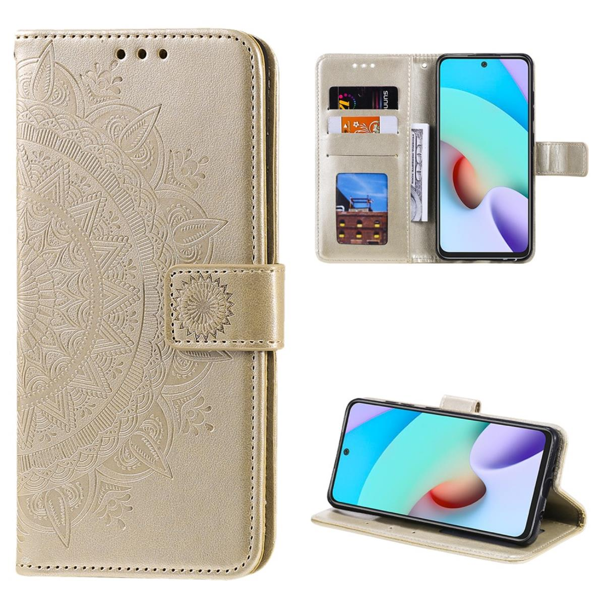 Eine goldene Handyhülle mit detailliertem Blumenmuster und einem Telefon darin.