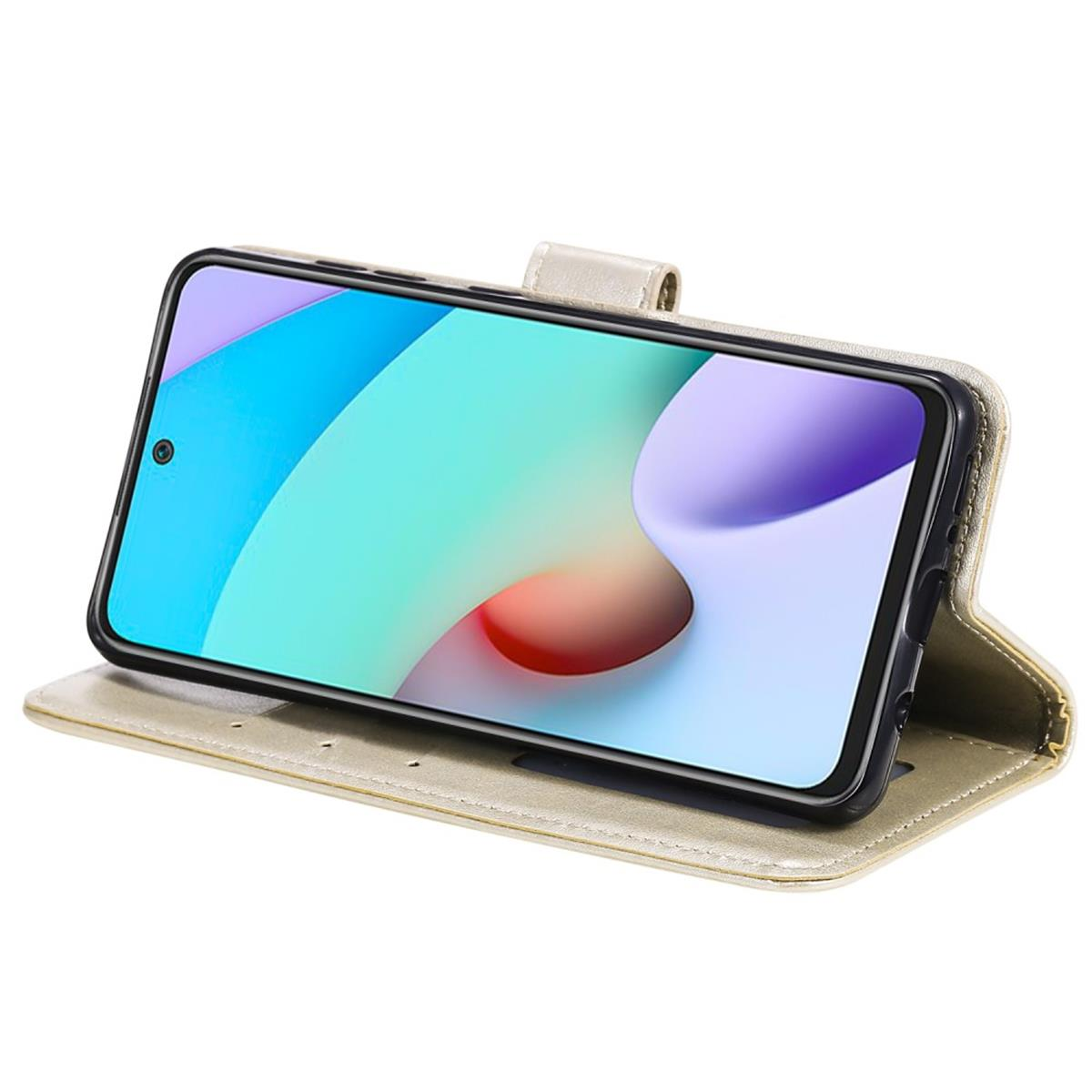 Geöffnete Handyhülle mit Telefon. Telefon ist in goldener Hülle.