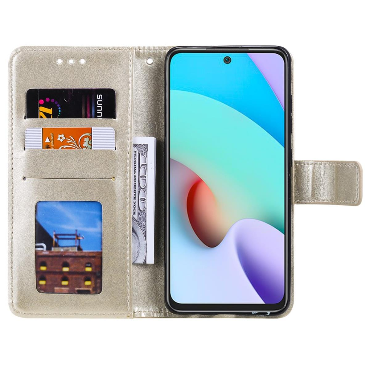 Geöffnete Handyhülle, zeigt Telefon, Karten und Geld. Innen gold, Hülle rosa.