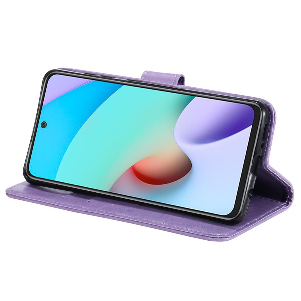 Eine lila Handyhülle mit einem Telefon darin. Sie ist offen und liegt auf einer weißen Oberfläche.