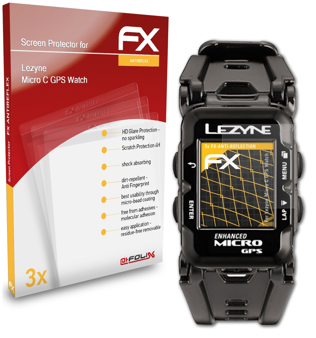 ATFOLIX 3x FX-Antireflex Displayschutz(für Lezyne Watch) Micro C GPS