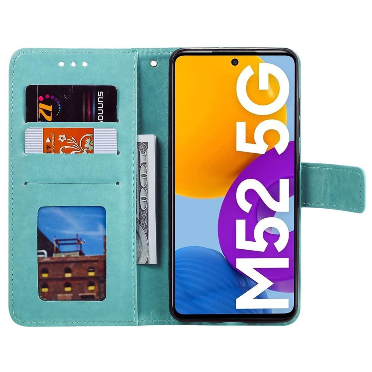 Ein teal-farbenes Handyhüllen-Portemonnaie mit Telefon, Karten und Geld darin. Das Telefon hat den Text M52 5G.