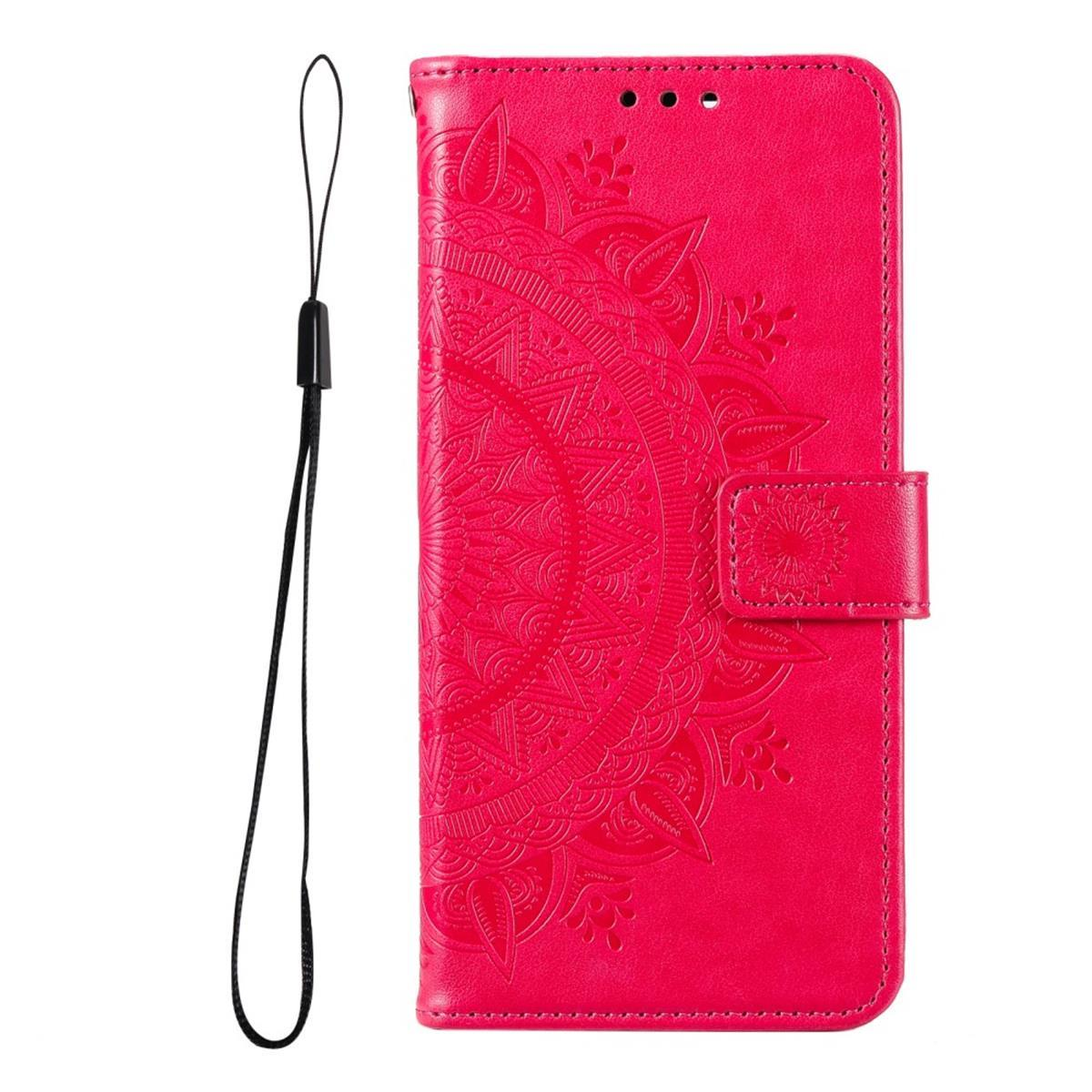 Eine rosa Handytasche mit gemustertem Design. Die Tasche hat eine Handschlaufe.