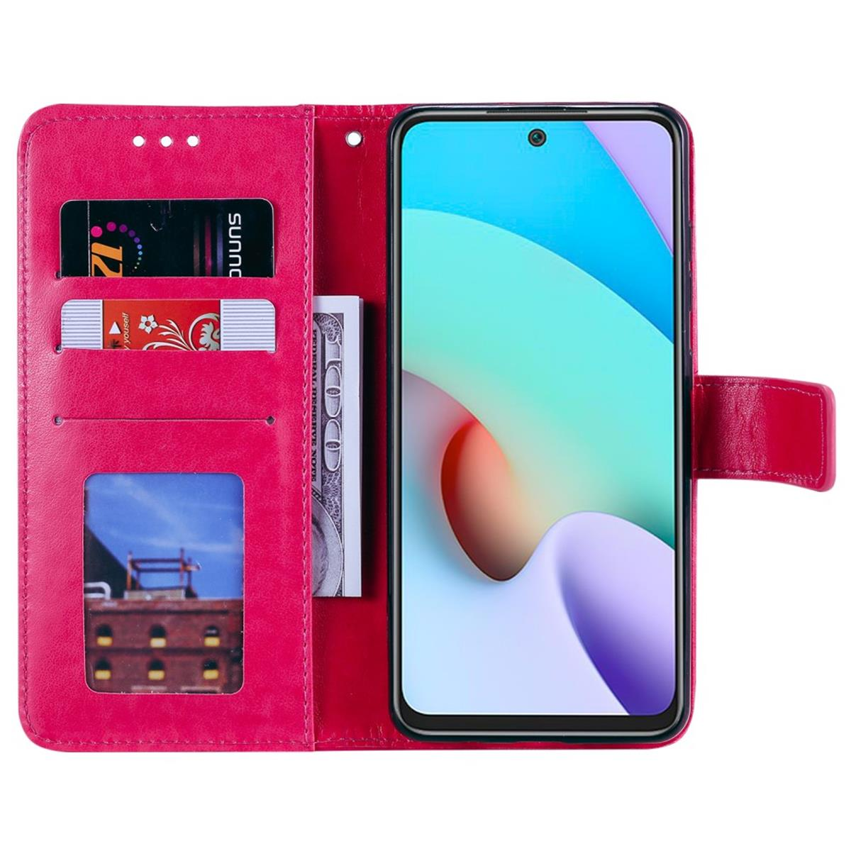 Eine pinkfarbene Handyhülle im Brieftaschenstil, geöffnet mit Telefon, Karten und Geld.