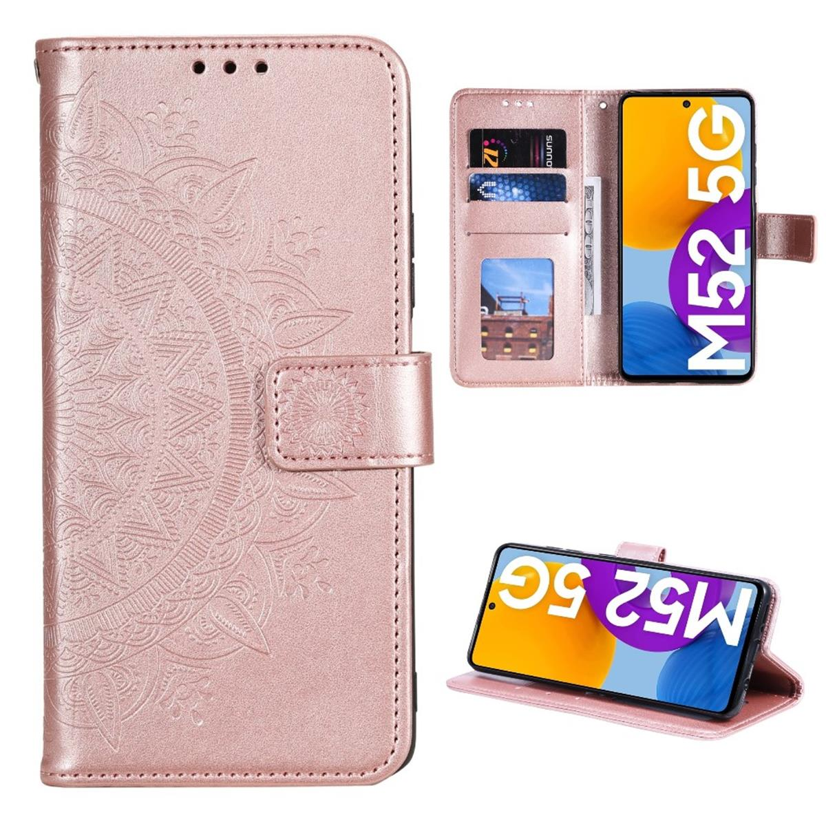 Eine pinke Handyhülle, offen, mit Telefon, Karten und dekorativem Design.