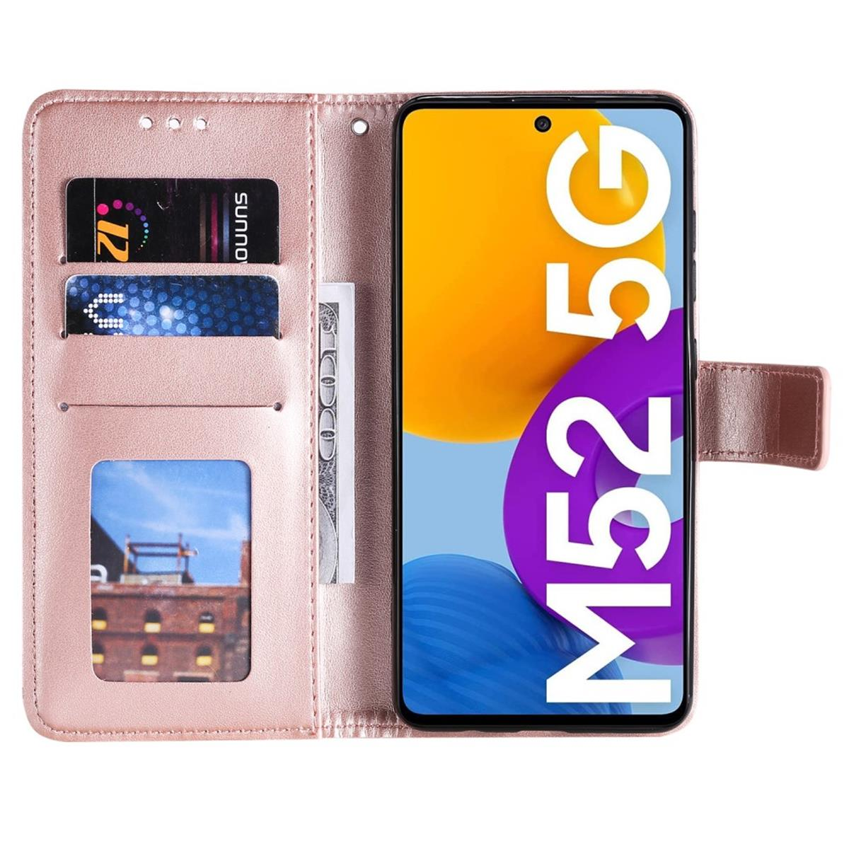 Offene, rosa Handyhülle mit Karten und einem Handy. Handy zeigt farbenfrohen M52 5G Bildschirm.