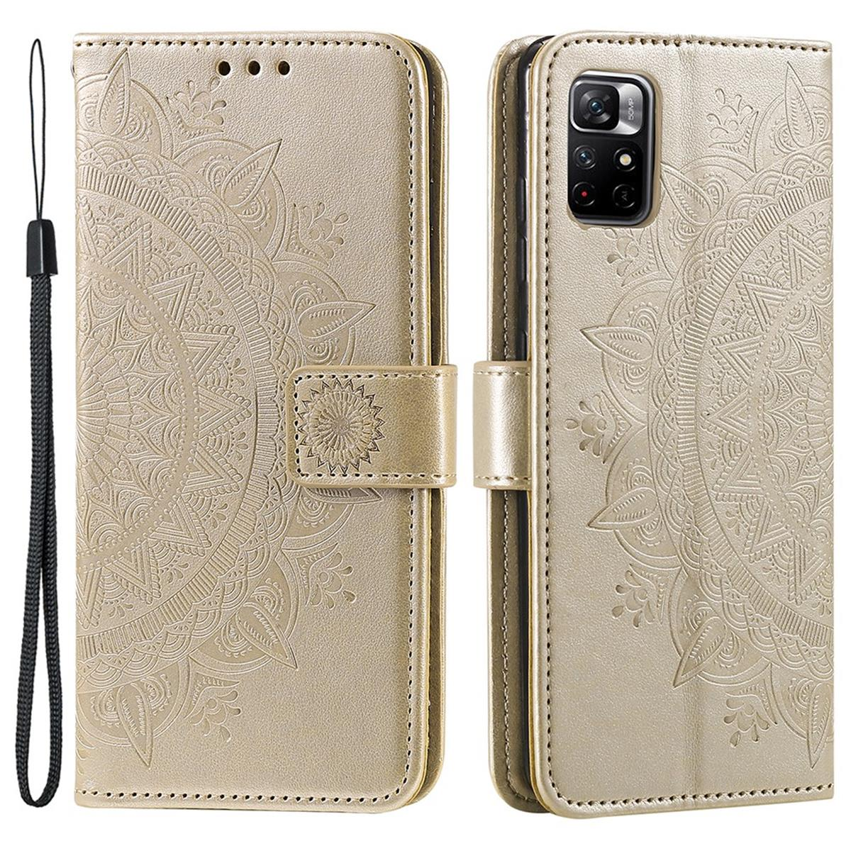Eine goldene Handyhülle mit Muster und einem Telefon wird gezeigt.