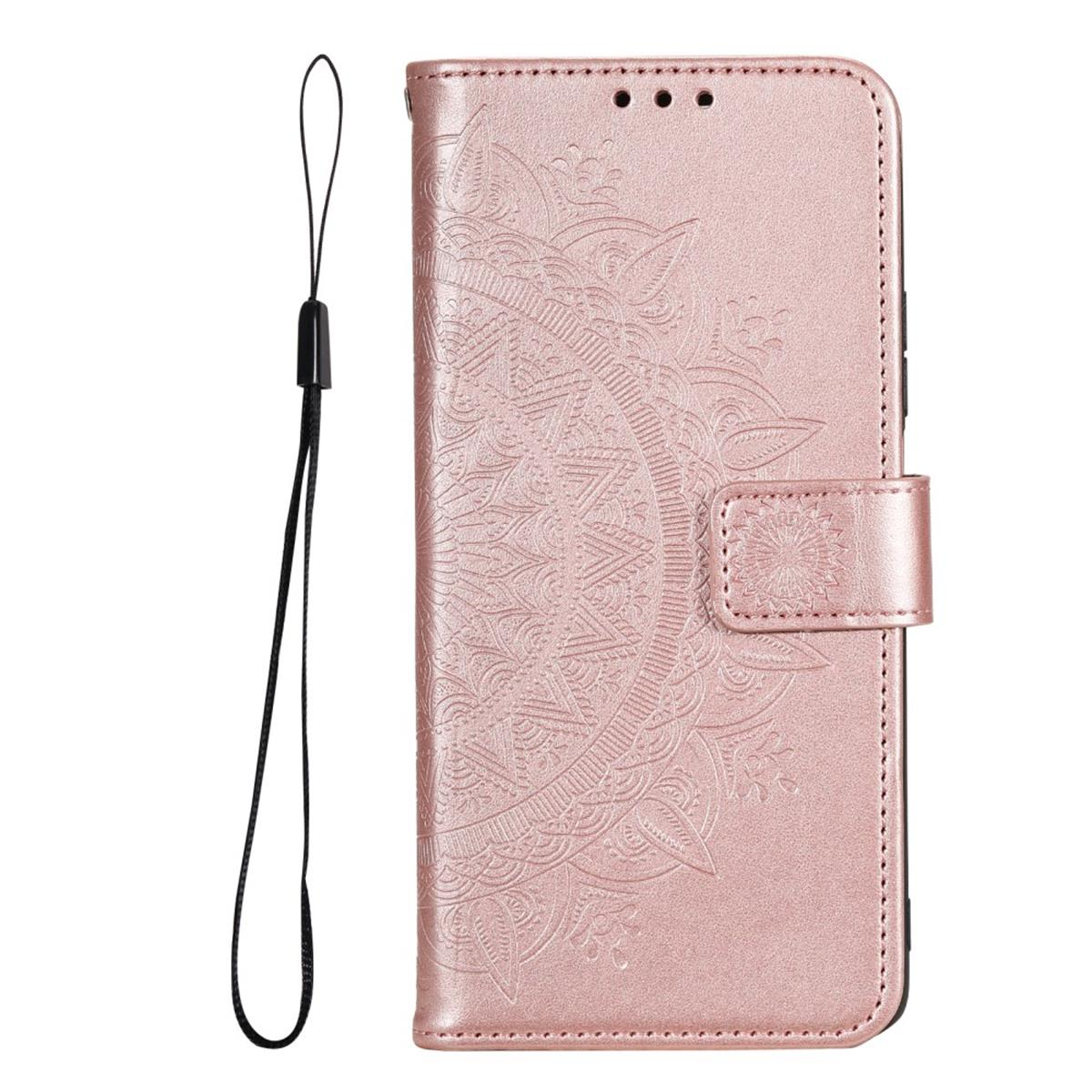 Eine rosa Handyhülle mit dekorativem Muster und einer schwarzen Handschlaufe.