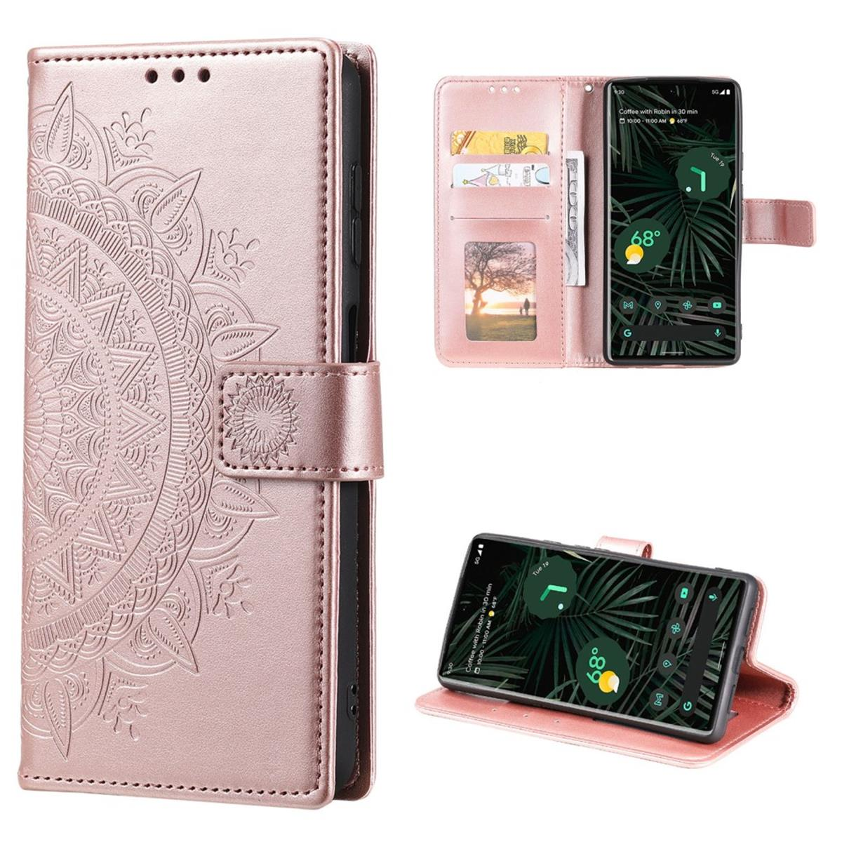 Eine rosa Handyhülle mit Mandala-Design. Es hat ein Telefon und Kartenfächer.