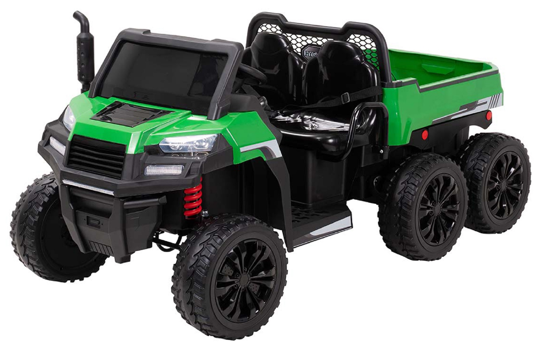 Grünes und schwarzes Spielzeug-ATV mit sechs Rädern. Das ATV steht auf weißem Hintergrund.