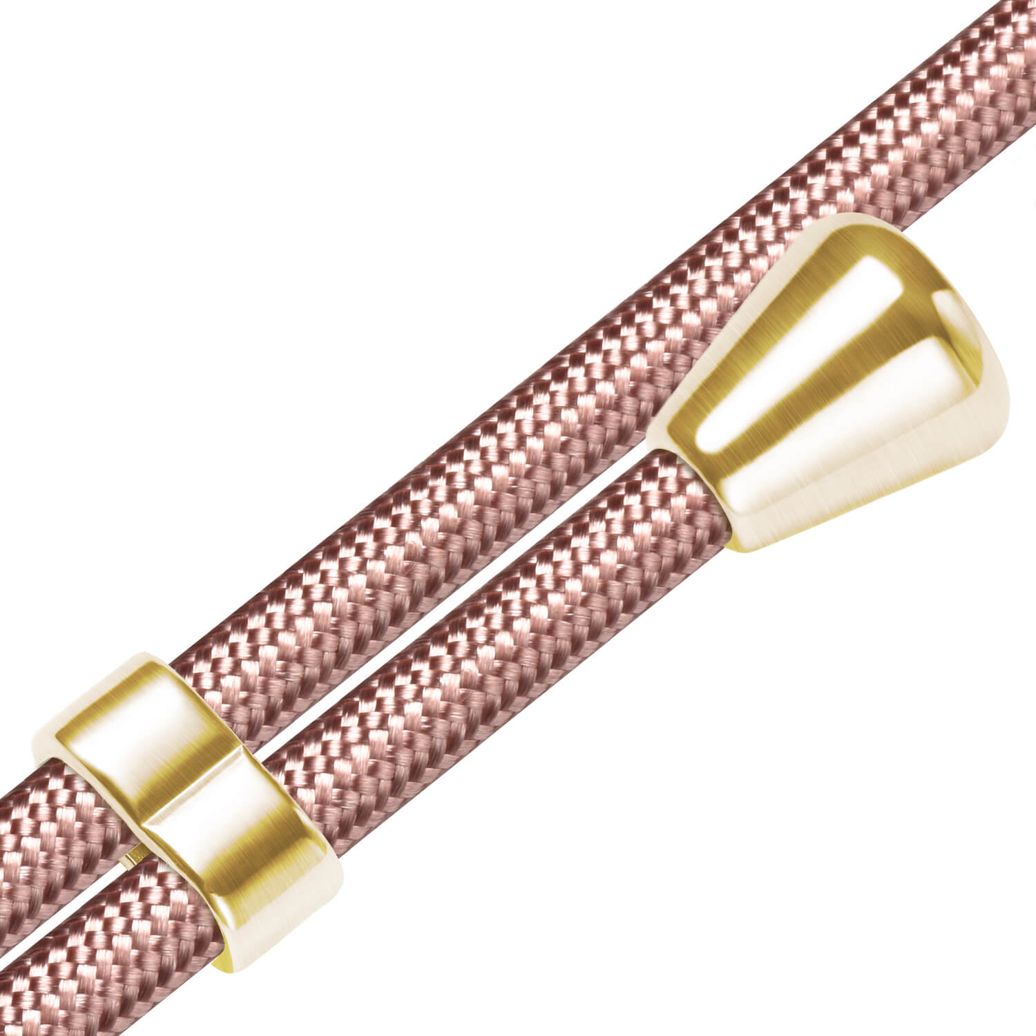 Nahaufnahme eines rosa-goldenen Ladekabels. Das Kabel hat eine geflochtene Textur.