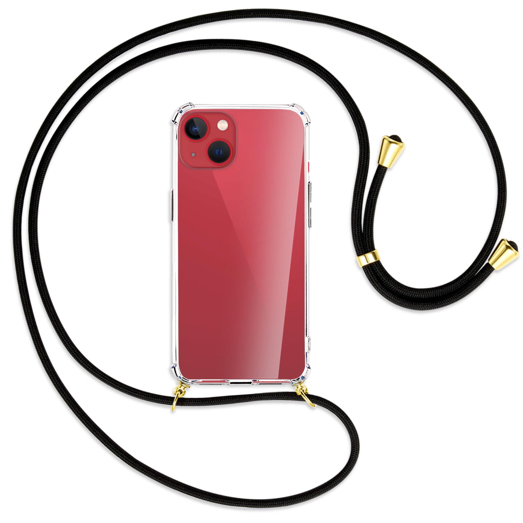 Transparente Handyhülle mit schwarzem Kabel. Telefon zentriert.