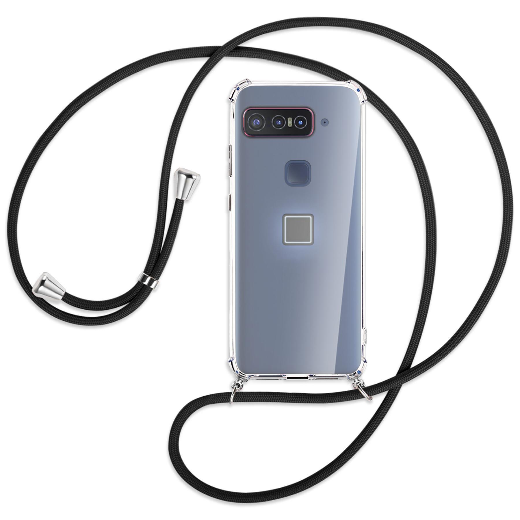 Telefon in transparenter Hülle mit schwarzer Kordel.