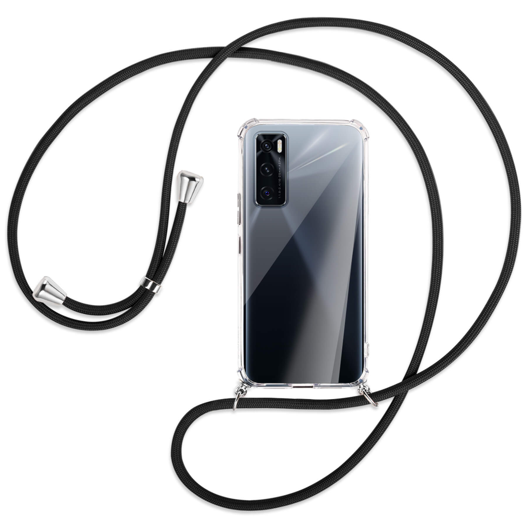 Eine transparente Handyhülle mit schwarzem Lanyard. Die Handyhülle hat eine Kamera. Weißer Hintergrund.