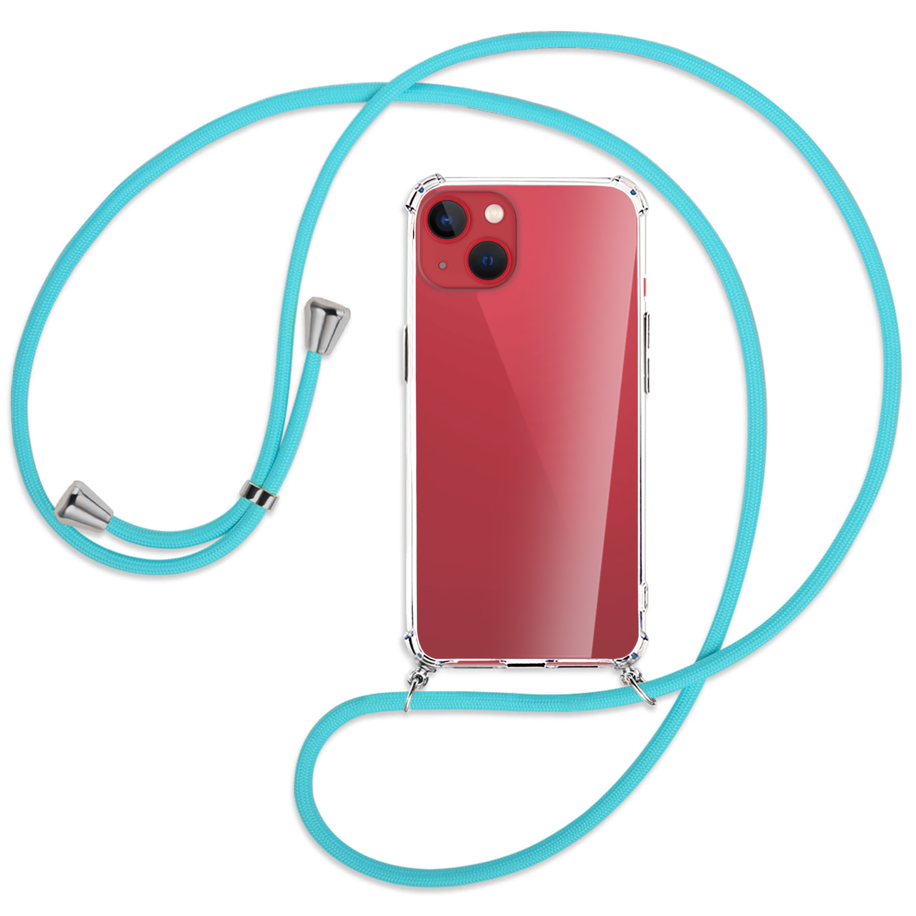 Eine Handyhülle mit tealfarbenem Kordel. Die transparente Hülle hält das rote Telefon. Silberne Akzente auf dem Kordel.