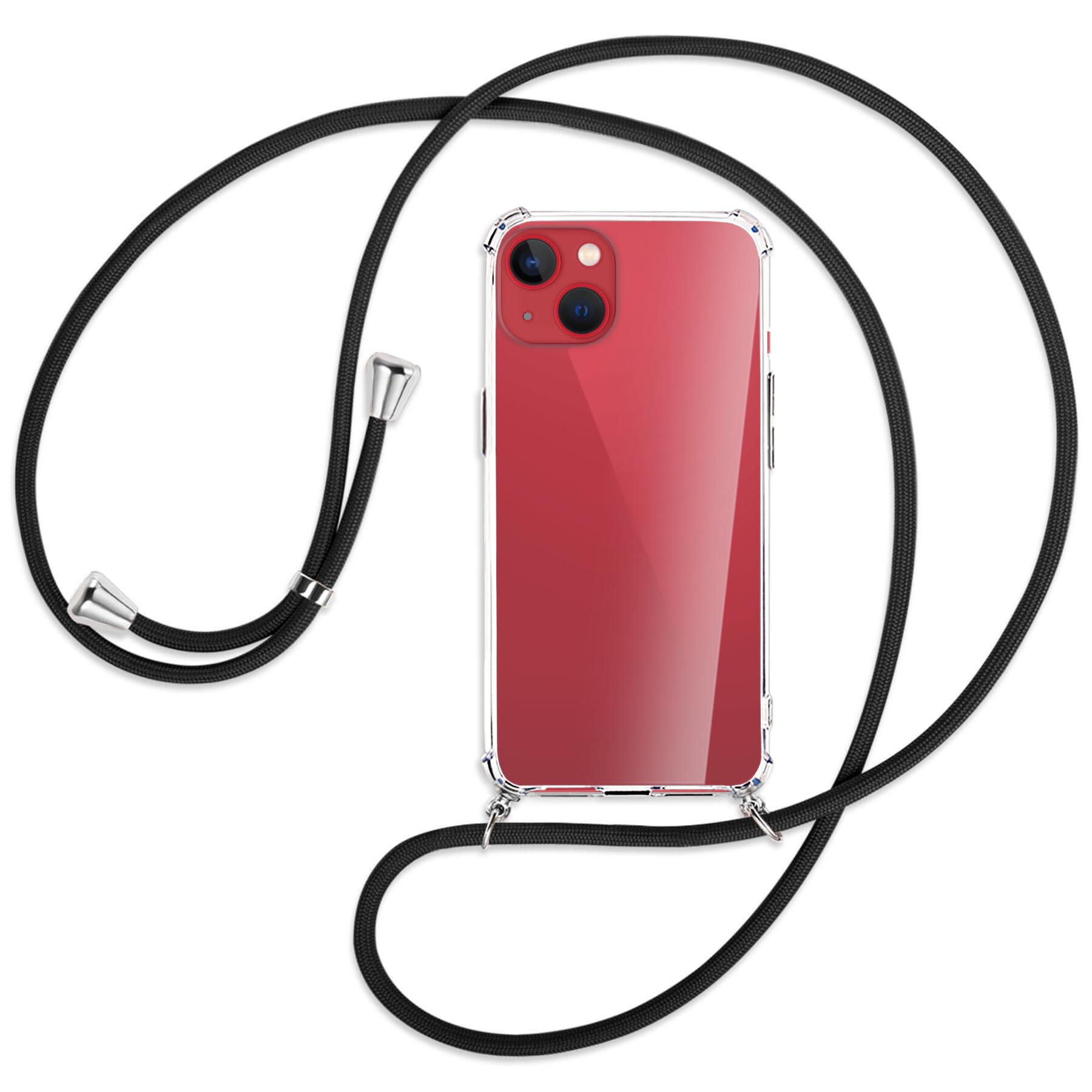 Ein Telefon in einer transparenten Hülle mit einem schwarzen Lanyard. Das Telefon hat ein Dual-Kamera-System.