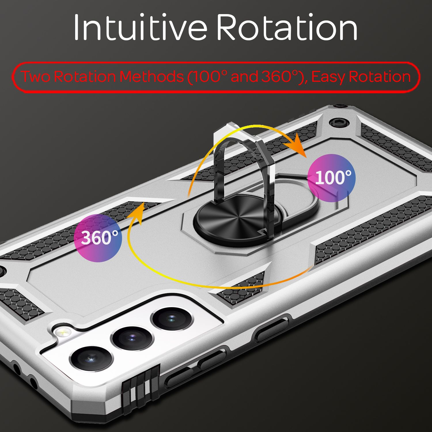 Custodia per telefono con anello rotante. Testo: Rotazione intuitiva, metodi di rotazione a 100° e 360°.