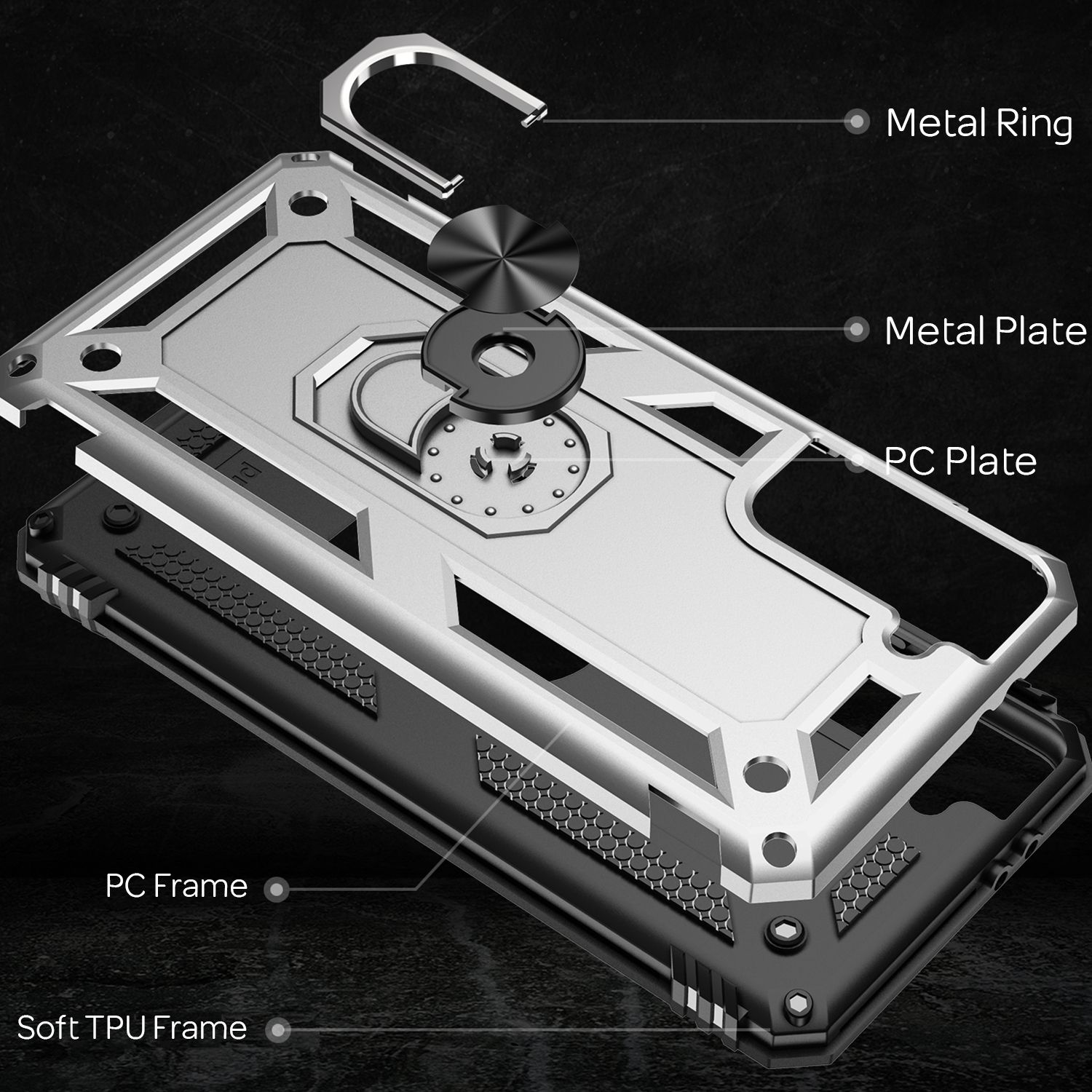 Custodia per telefono argentata e nera smontata. Anello metallico, piastra metallica, piastra PC, telaio PC. Sfondo scuro.