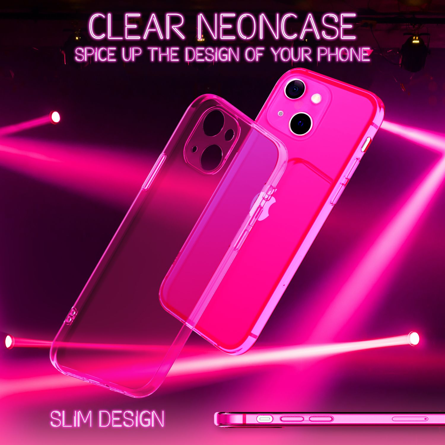 Telefono rosa in custodia trasparente. Testo: 'CLEAR NEONCASE' e 'SLIM DESIGN' su sfondo rosa.