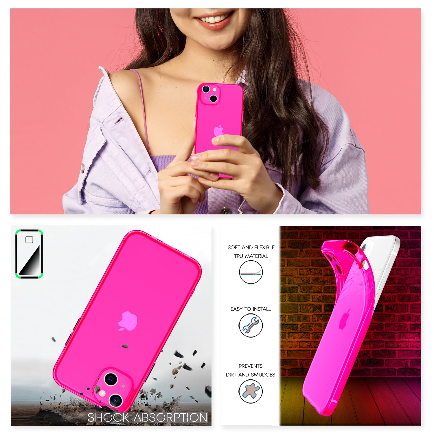 Una donna tiene un telefono rosa. Le immagini mostrano una custodia rosa con il telefono all'interno.
