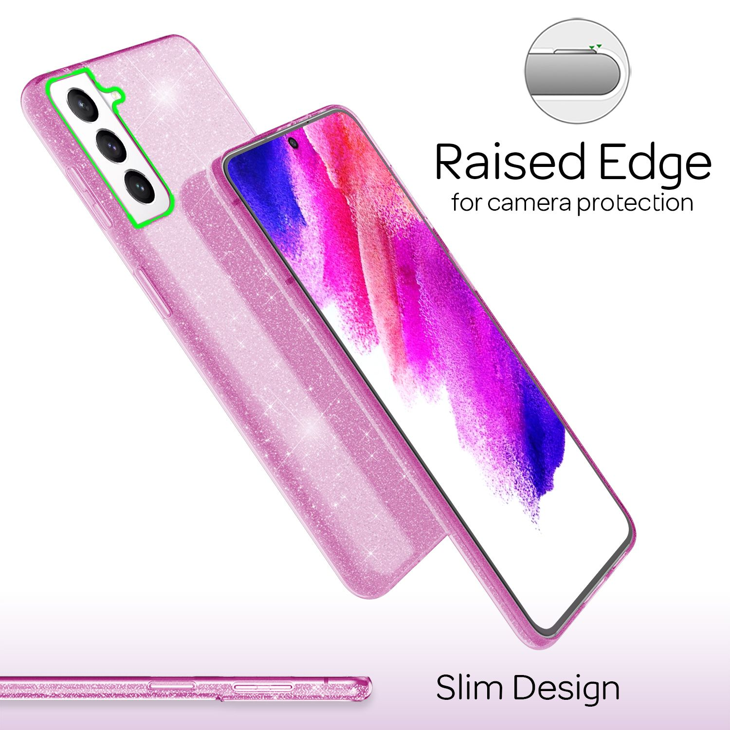 Rosa Telefon mit glitzernder Hülle mit erhabenem Rand und Displayschutz. Der Text lautet Slim Design.