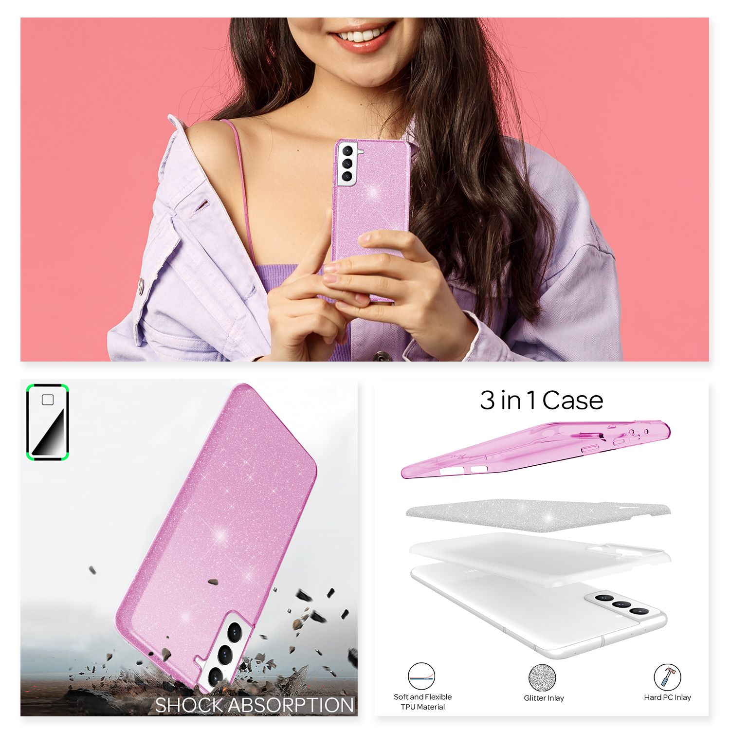 Frau hält eine pink glitzernde Handyhülle. Die Hülle ist 3-teilig mit Stoßabsorption.
