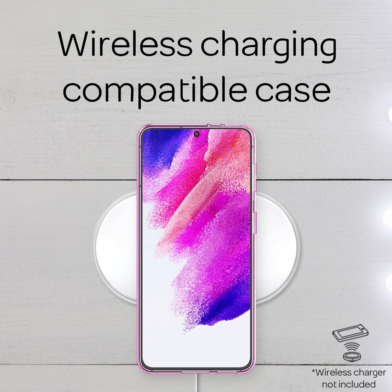 Ein Telefon in einem rosa Gehäuse auf einem kabellosen Ladegerät, mit Text.