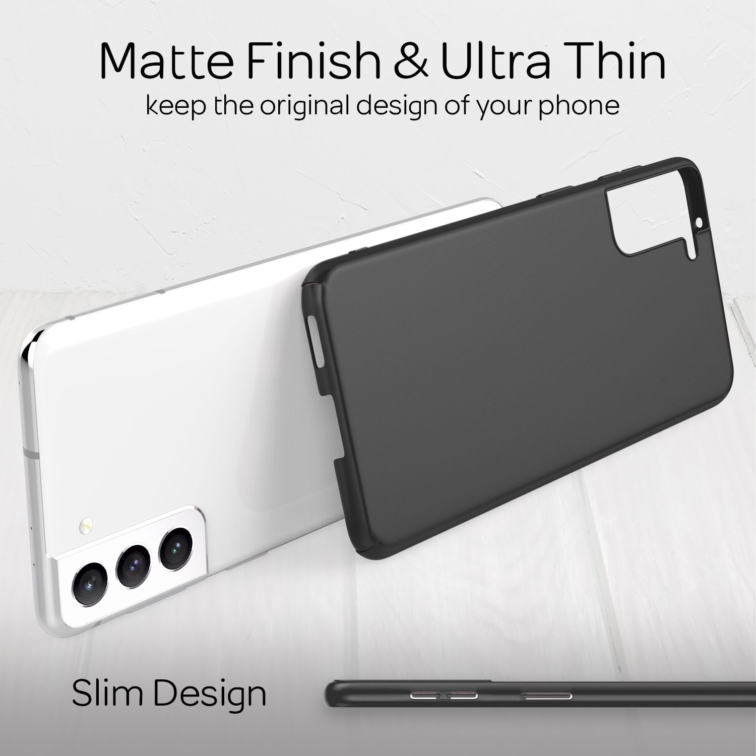 Ein weißes Telefon und eine schwarze Handyhülle. Die Hülle ist matt und dünn, mit schlankem Design.