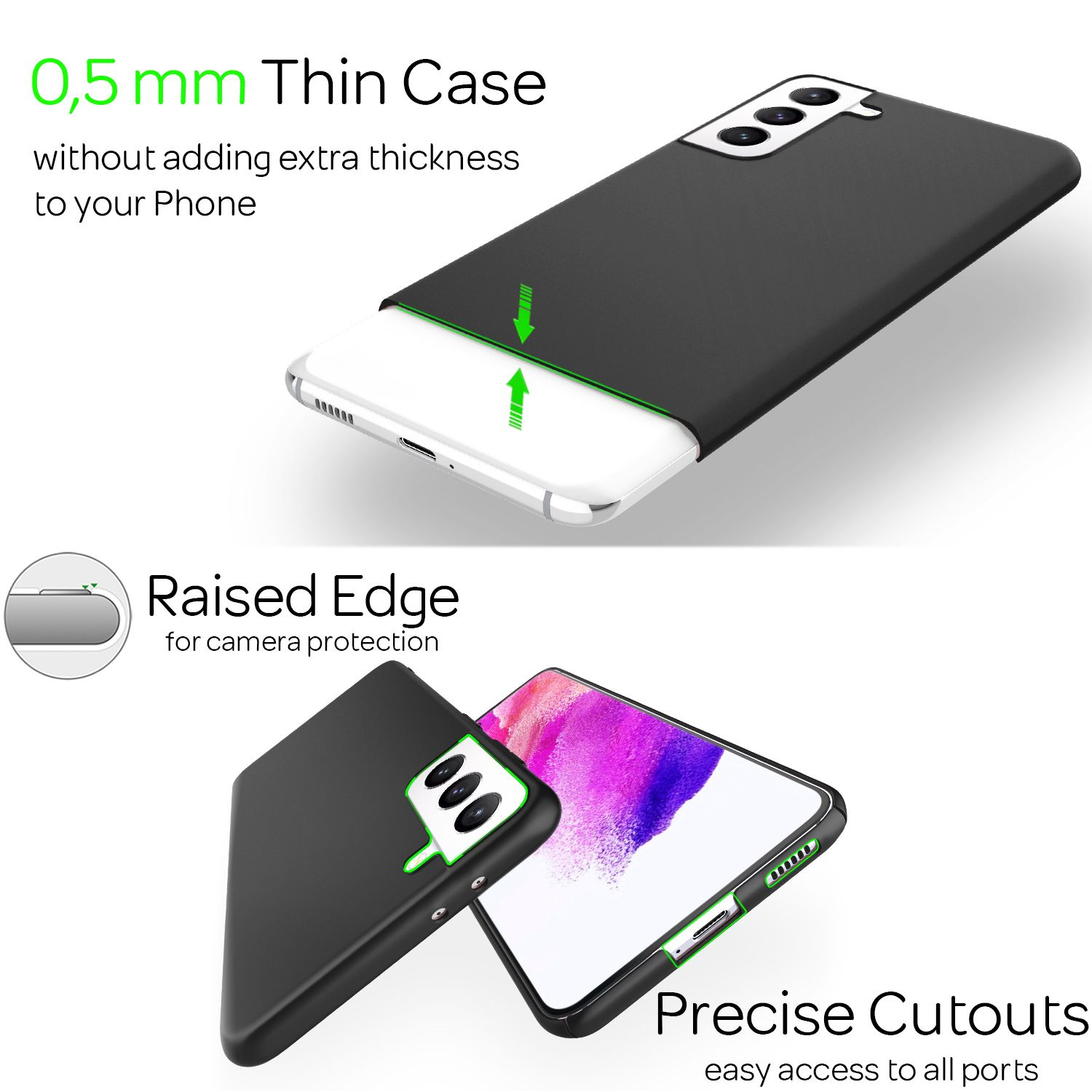 Handyhülle mit schwarzer Abdeckung über einem weißen Telefon. Text sagt '0,5 mm Thin Case' und 'Raised Edge'.