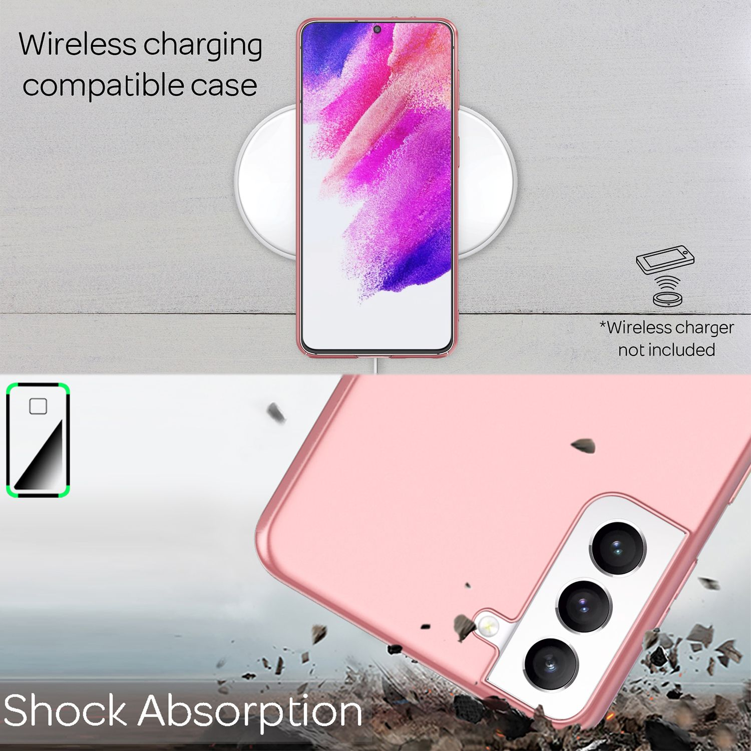 Rosa Telefon mit kabellosem Ladepad. Text im Bild: 'Wireless charging compatible case'.