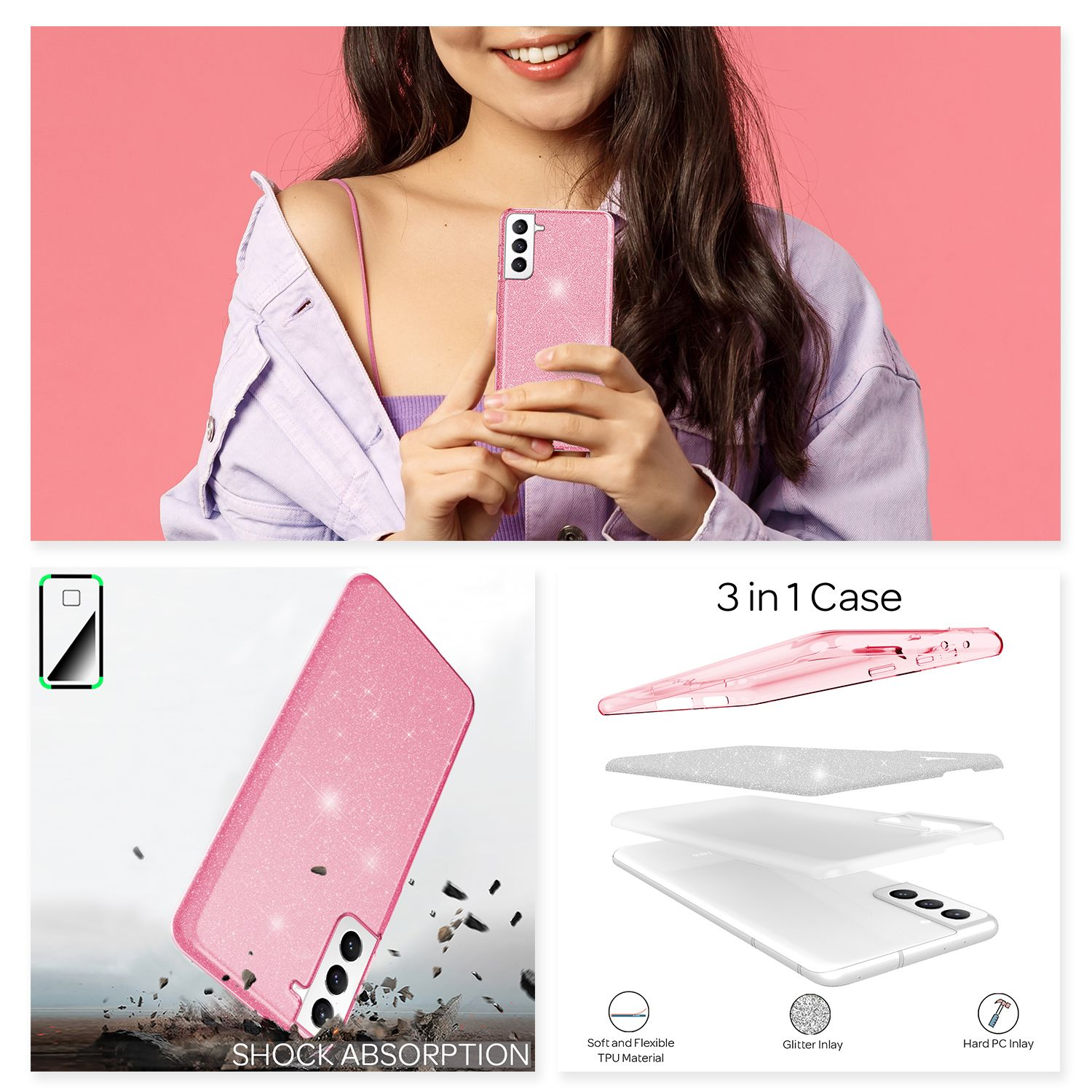 Rosa Handyhülle mit Glitzer. Frau hält Telefon. 3-in-1-Hülle mit Schichten gezeigt.